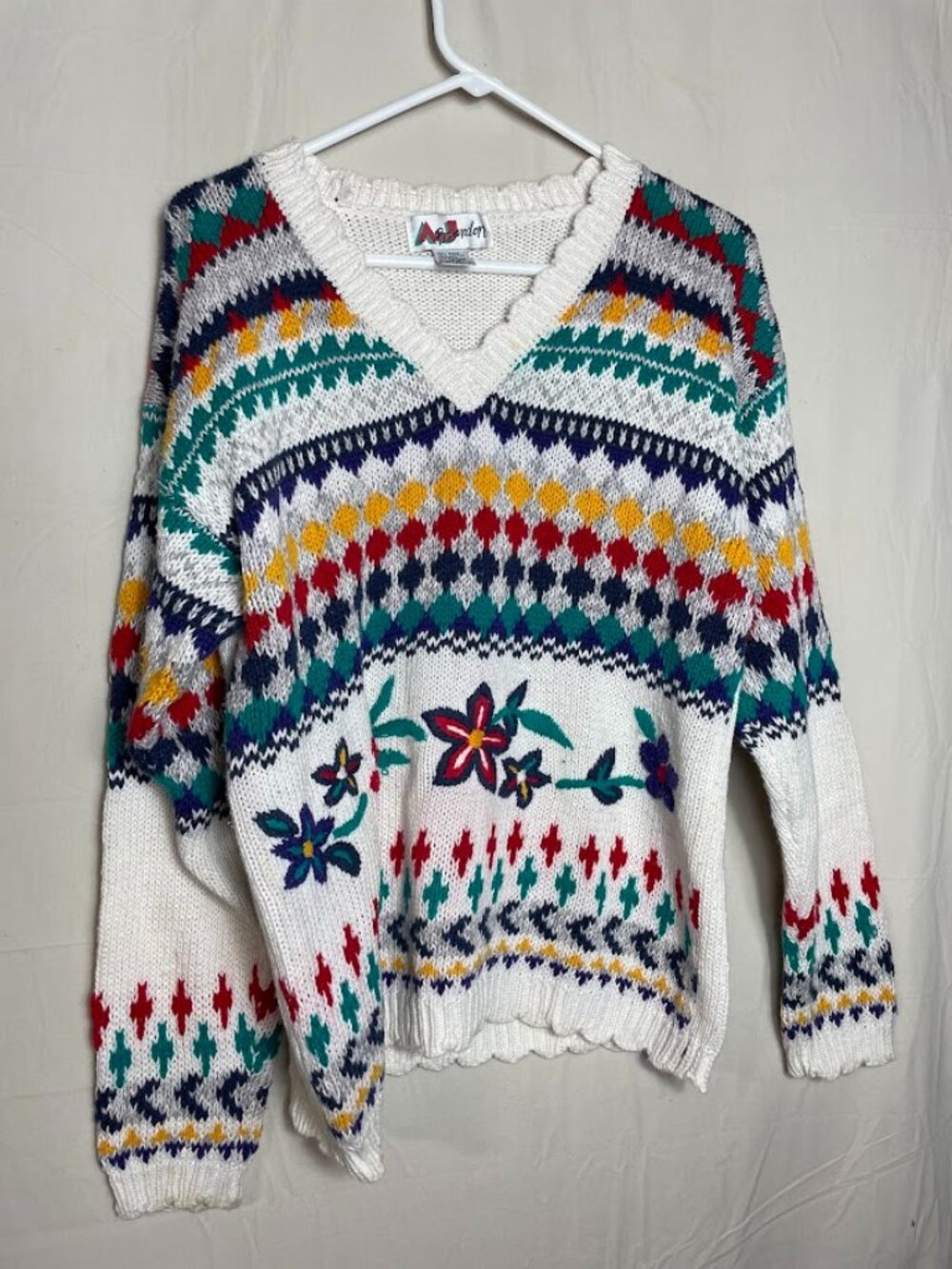 AJ Brandon Hand Embroidered Sweater Ramie Cotton Vintage Floral Chunky Medium